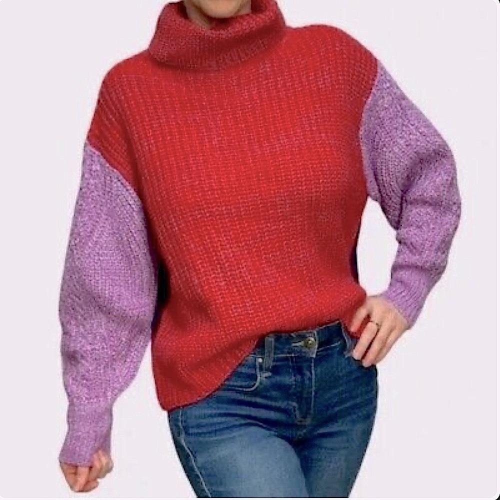 Elodie Color Block Chunky Sweater in Red and Purple, Size Small